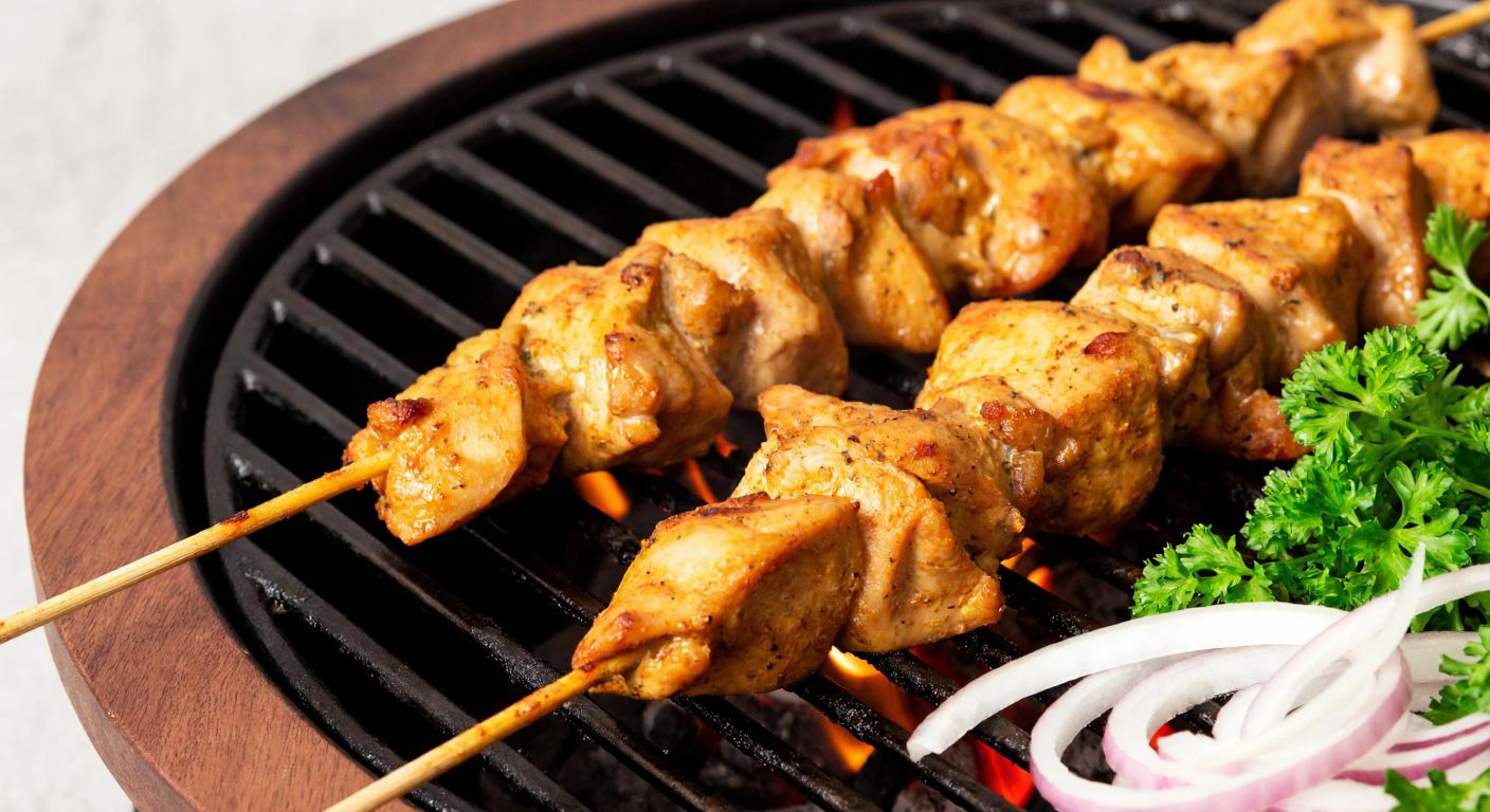 A close-up of sizzling **Tavuk Adana** skewers on a charcoal grill, with golden-brown chicken pieces glistening under flames, surrounded by fresh parsley and sliced onions on a rustic wooden plate.