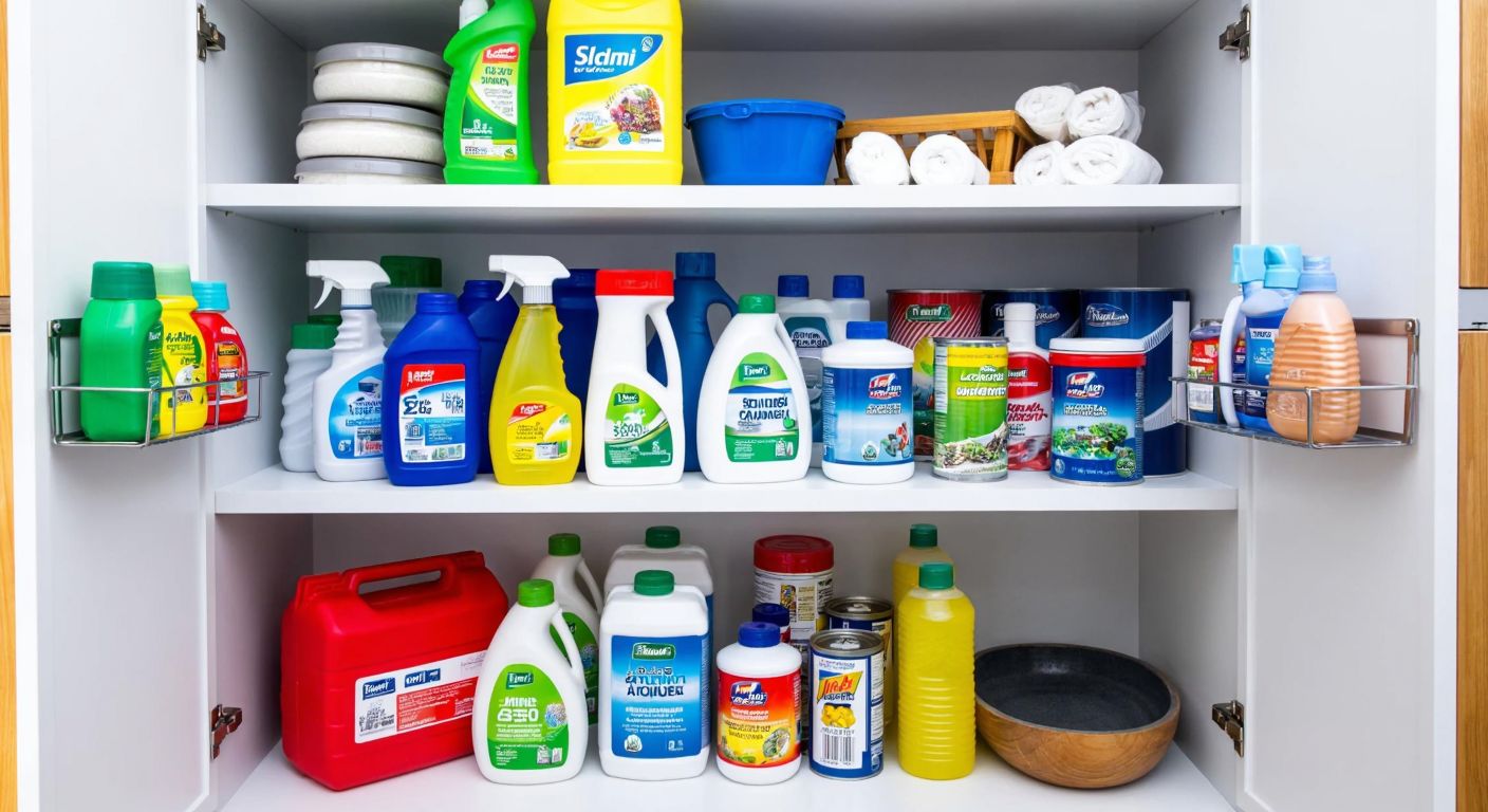A well-organized Turkish household storage area with neatly arranged cleaning supplies, insect repellents, automotive fluids, paint cans, and garden chemicals, all safely stored on shelves or in cabinets.
