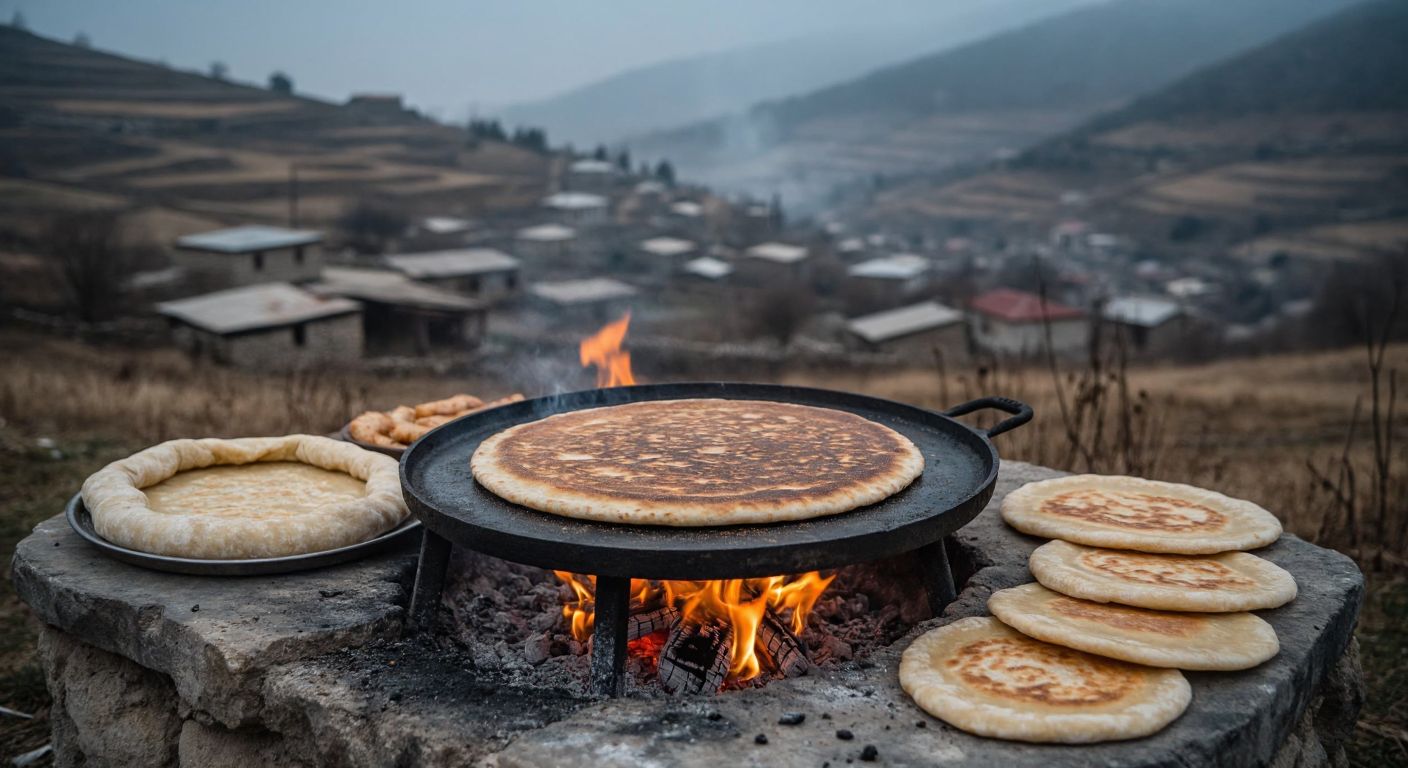 A weathered Turkish stone griddle (taş sac) sits atop a crackling wood fire, surrounded by freshly rolled dough and golden-brown yufka, with the rustic village of Karaman in the misty background.