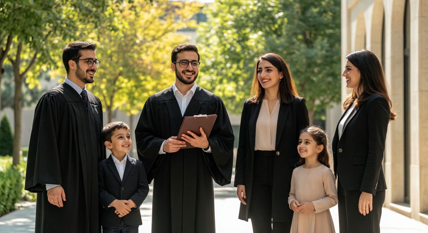 A diverse group of Turkish professionals—a lawyer in a black robe, a psychologist holding a notebook, a businesswoman in a sleek office, and a teacher smiling at children—standing together in a sunlit courtyard, symbolizing career options in equal-weight fields.