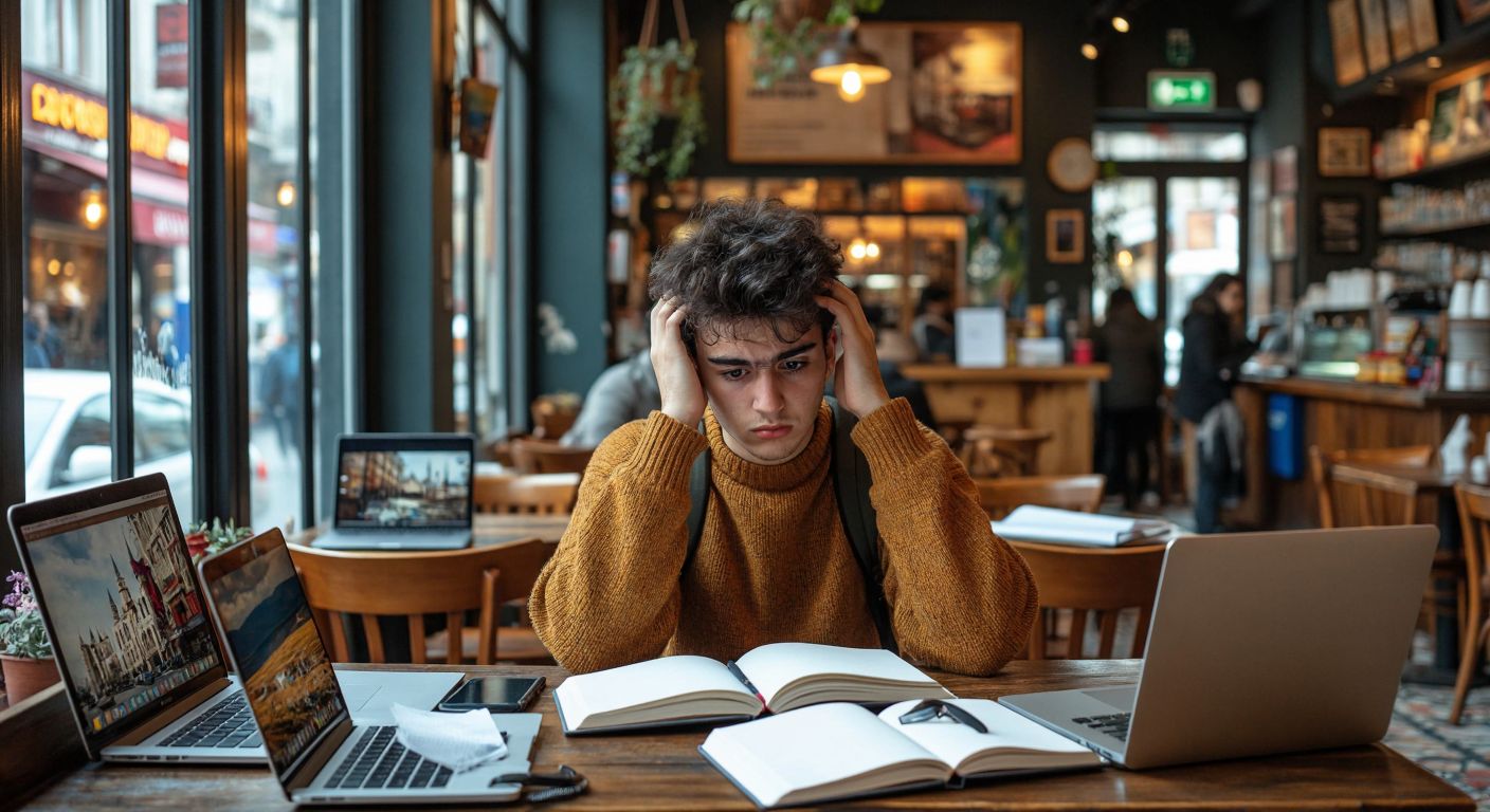 A puzzled student in a cozy Turkish café, surrounded by open laptops and university brochures, scratching their head while looking at a blank notebook.