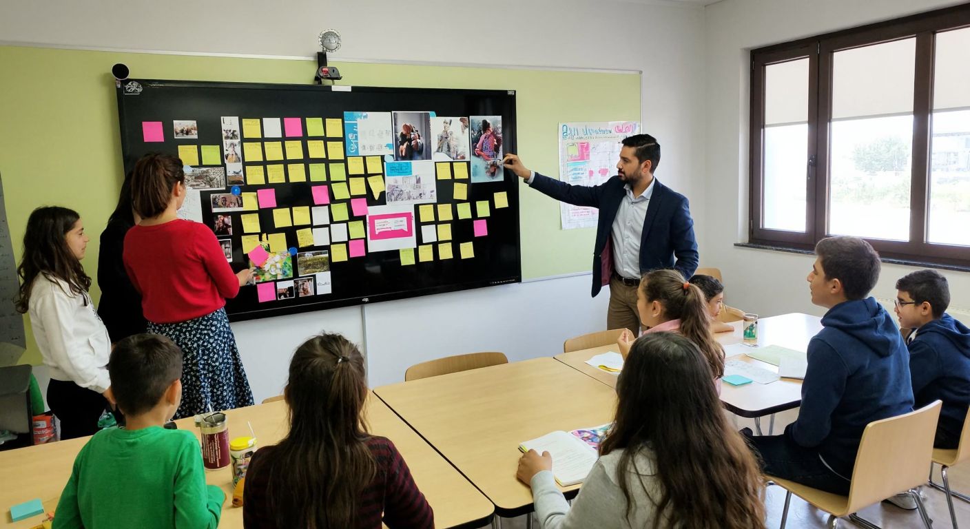 A vibrant Turkish classroom with students and a teacher gathered around a large digital board covered in colorful sticky notes, sketches, and photos, collaboratively brainstorming and organizing ideas.