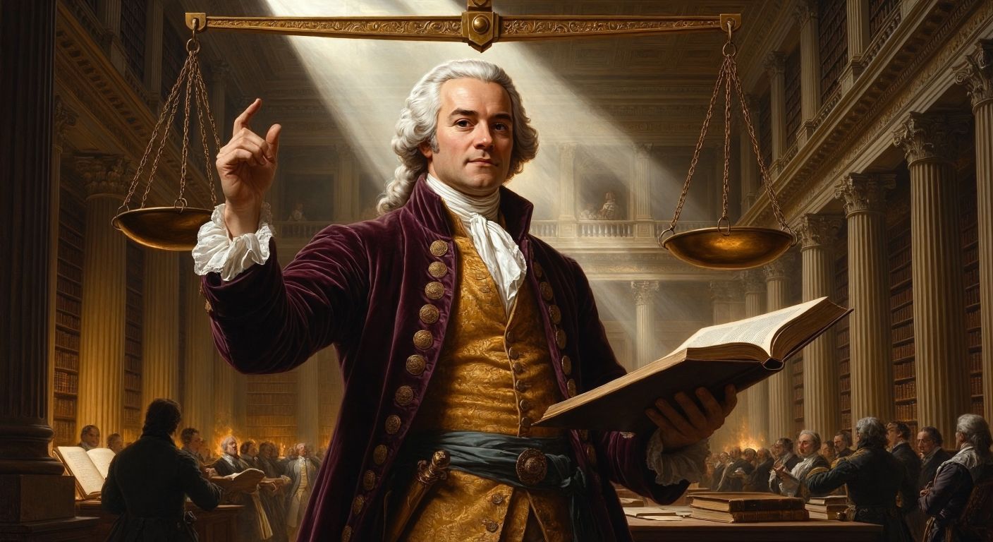 A dignified 18th-century French scholar in a powdered wig and velvet coat stands before a grand library, gesturing toward three balanced scales symbolizing legislative, executive, and judicial powers, with a warm glow of enlightenment radiating from an open book in his hand.