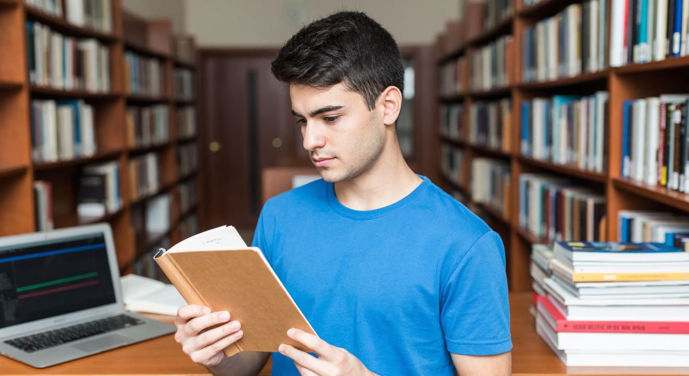 A young Turkish student in a university library, holding a notebook with a focused expression, surrounded by stacks of books and a laptop displaying a grading scale.