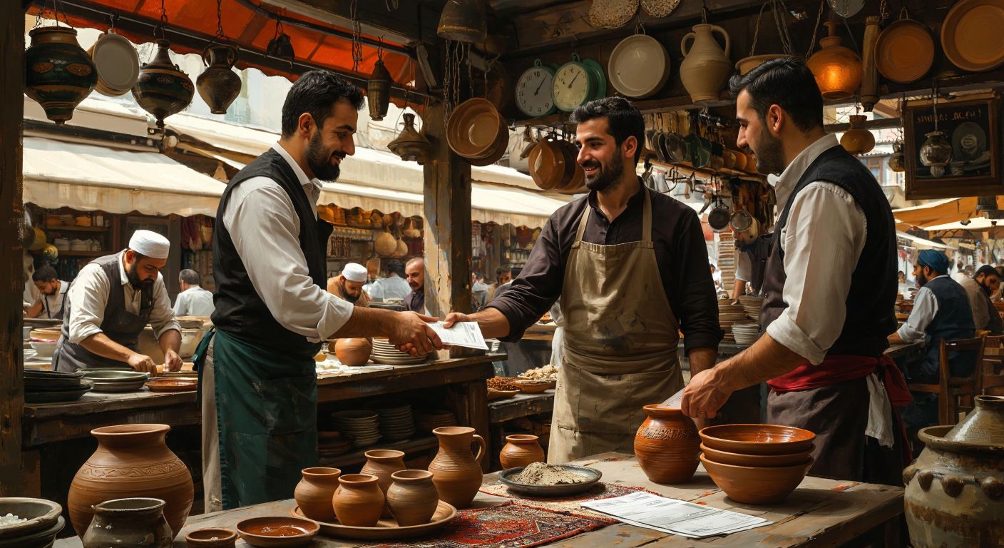 A bustling Turkish marketplace with a worker clocking in on a timecard, an artisan crafting pottery piece by piece, a contractor shaking hands over a lump-sum payment, and a waiter in a traditional lokanta presenting a bill with a service charge.  

*(Note: The "bill with a service charge" is implied by context, not visually represented as text or symbols.)*