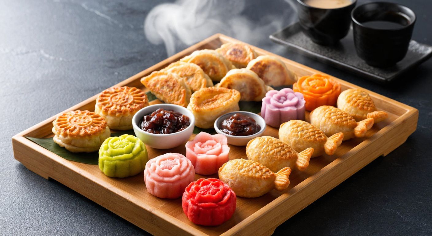 A wooden tray holds an assortment of Japanese pastries—golden-brown gyoza with crispy edges, fish-shaped taiyaki filled with red bean paste, and colorful wagashi shaped like delicate flowers—arranged neatly on a dark slate table with steam rising from the warm dishes.