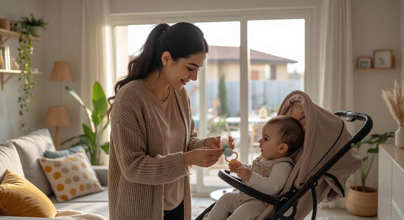 A young Turkish mother in a cozy home gently attaches a clean pacifier to a pastel-colored pacifier clip while her curious baby watches from a stroller nearby.