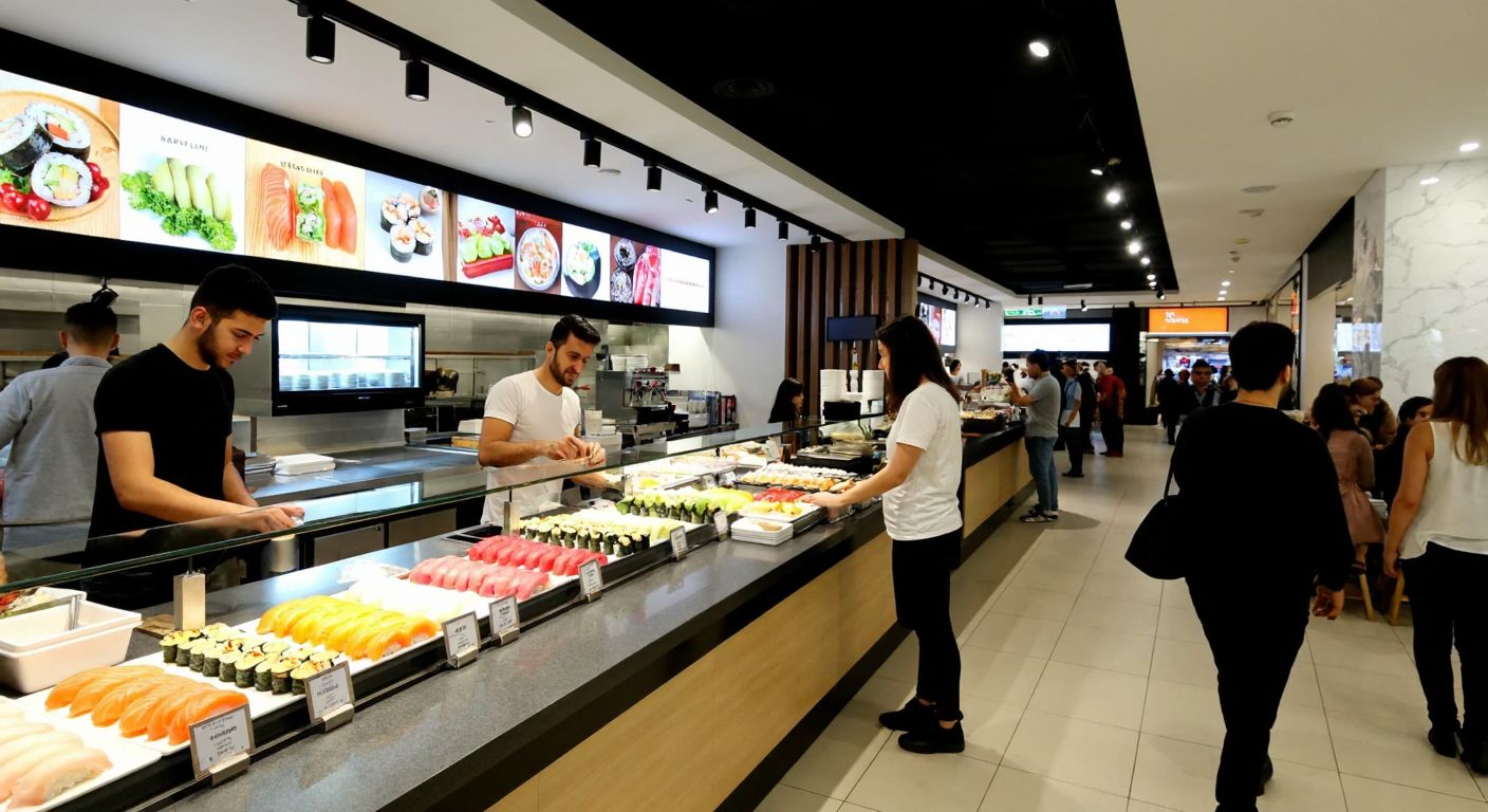 A bustling food court in a modern Turkish shopping mall, with a sleek **Ken Sushi & More** counter serving colorful sushi rolls to smiling customers in casual attire.