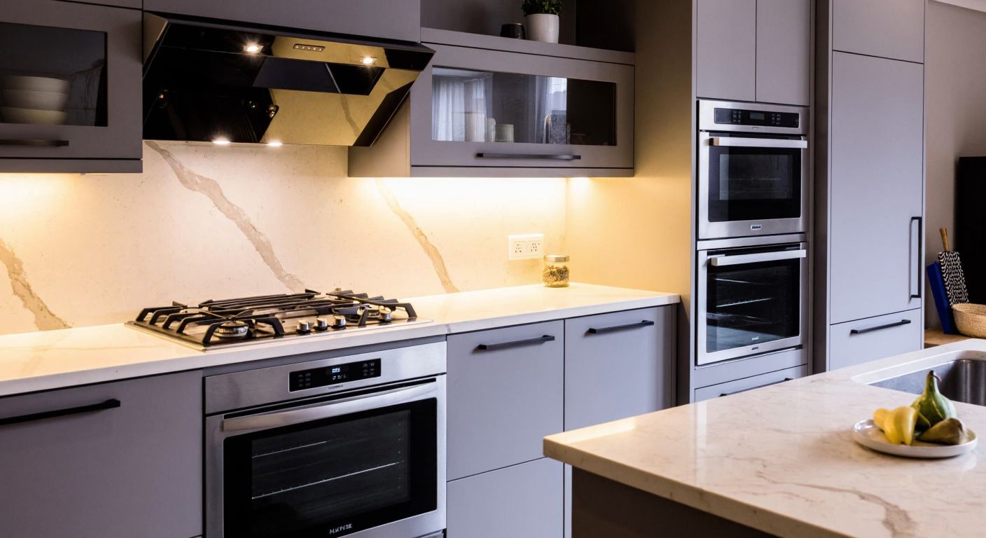 A modern Turkish kitchen with sleek Luxell appliances—a stainless steel stove, a built-in oven, and a stylish extractor fan—arranged neatly on marble countertops under warm ambient lighting.