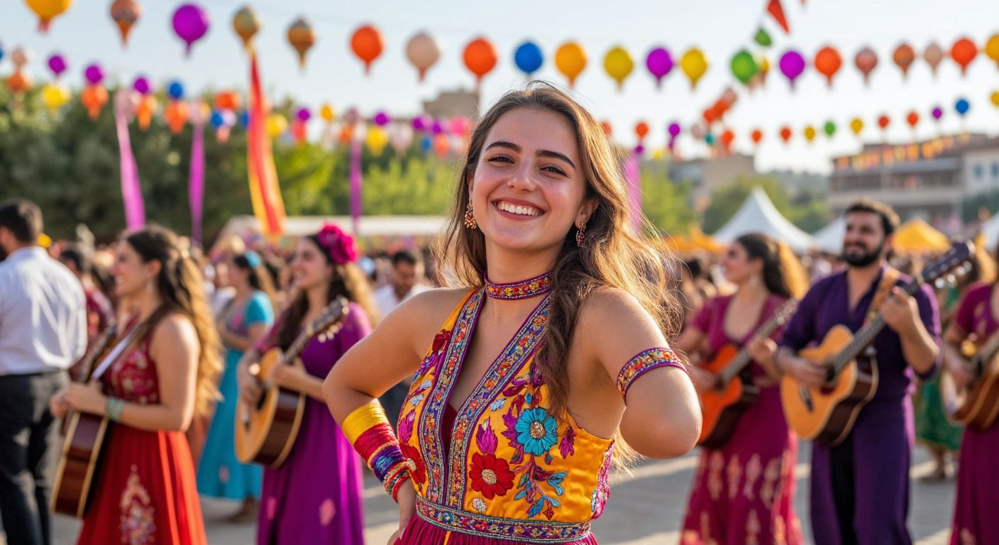 A colorful wristband with a satin finish, worn by a smiling guest at a lively outdoor festival in Turkey, surrounded by vibrant decorations and people enjoying traditional music.