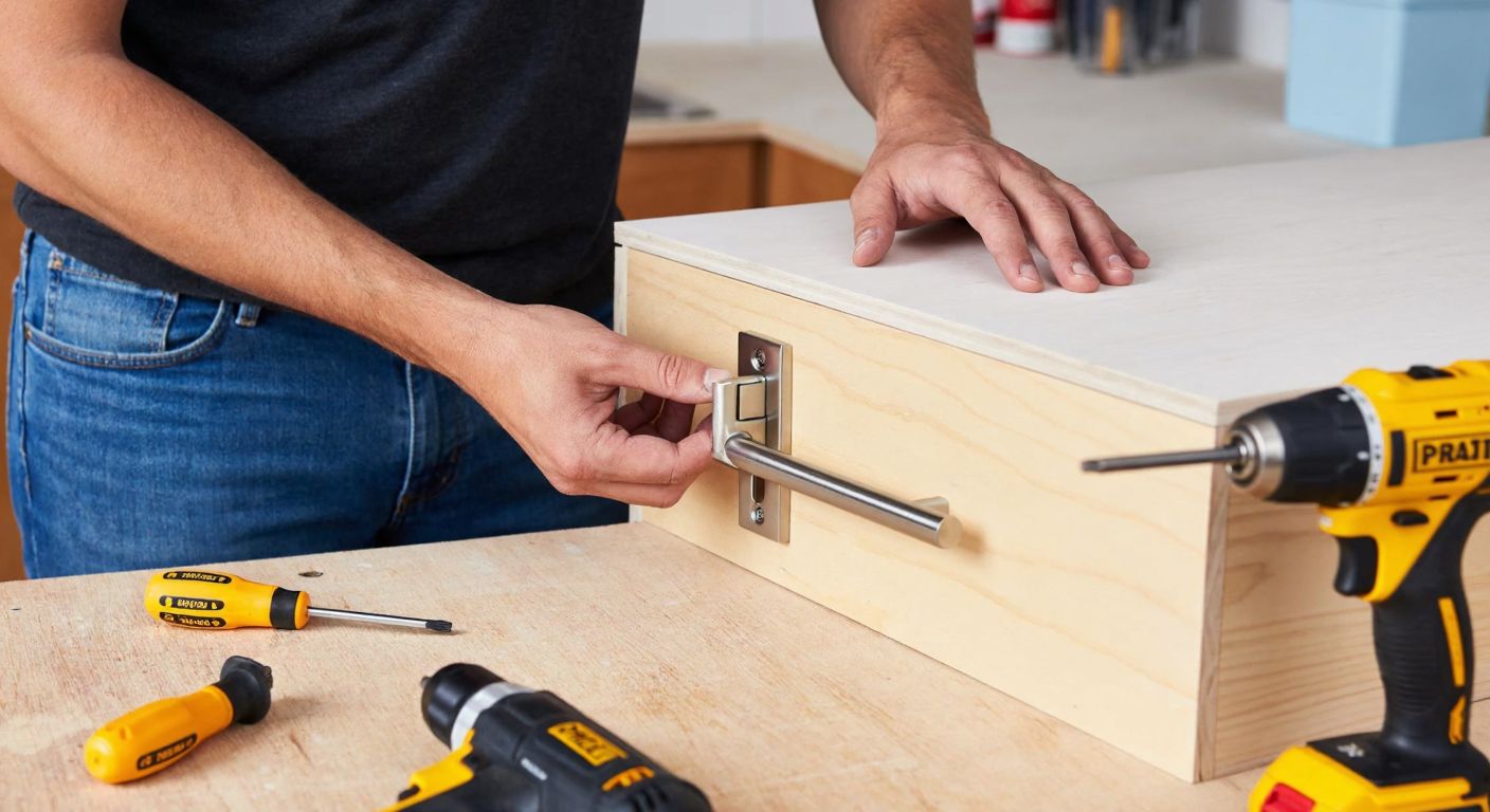 A person in a home workshop carefully installing a sleek silver cabinet lock onto a wooden drawer, with tools like a screwdriver and drill laid out neatly on a workbench nearby.