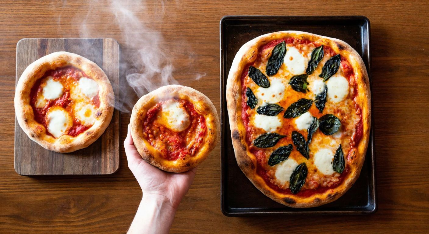 A hand holding a small round pizza next to a rectangular Pizzetta on a wooden table, with steam rising from both, showcasing their size difference.