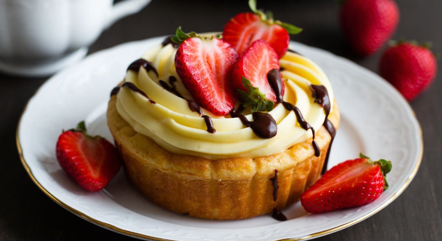A golden-brown, bite-sized pastry topped with swirls of creamy vanilla custard, garnished with fresh strawberries and a drizzle of chocolate sauce, arranged on a delicate porcelain plate.