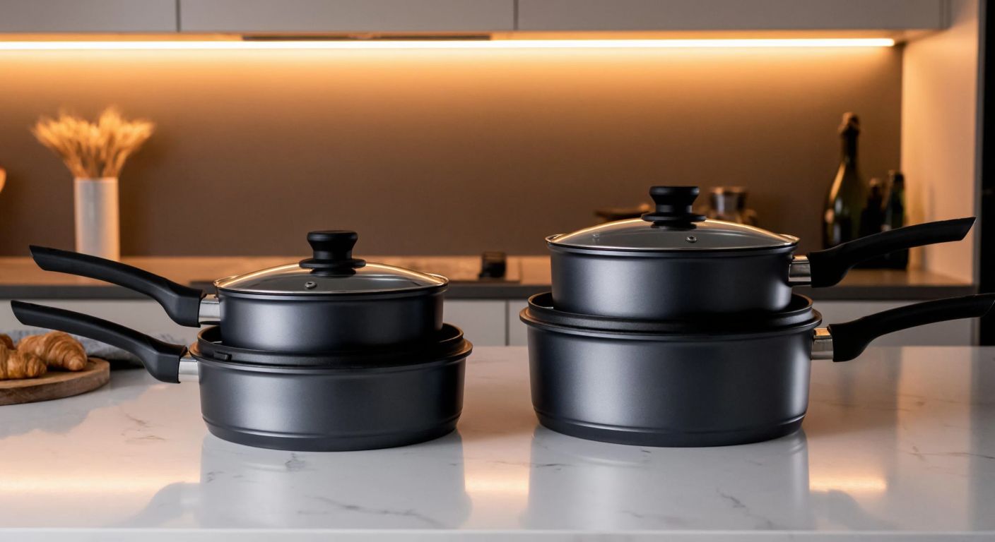 A modern Turkish kitchen with two sleek Tefal pot sets side by side—one with a detachable handle and titanium-coated pans (Ingenio XL Intense) and the other with a larger, versatile collection (Ingenio Expertise)—resting on a marble countertop under warm lighting.