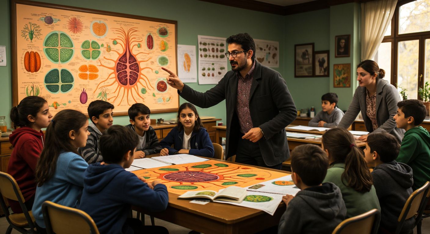 A warm Turkish classroom with a passionate biology teacher pointing at a colorful diagram of a plant cell while attentive students lean forward with curiosity.