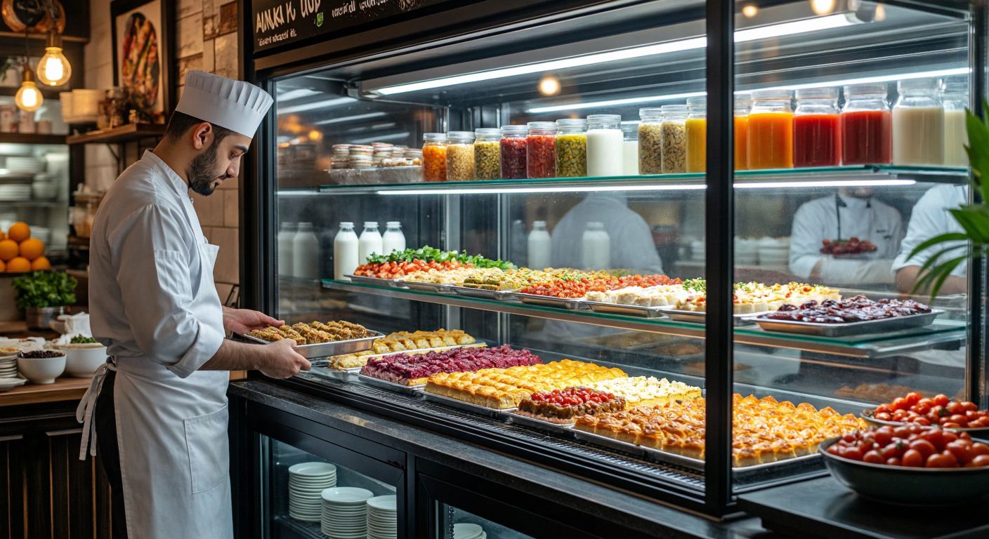 A sleek glass-door refrigerator in a bustling Turkish café, filled with colorful trays of baklava, fresh mezes, and bottles of ayran, while a chef in a white apron proudly arranges desserts inside.