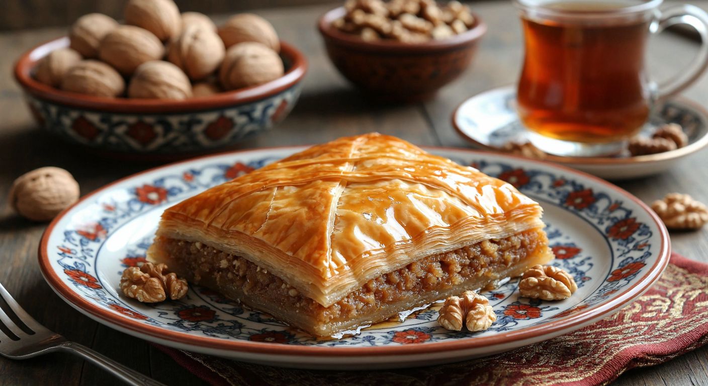 A golden, flaky slice of homemade baklava glistening with syrup, placed on a traditional Turkish ceramic plate, with a small bowl of walnuts and a glass of tea nearby, evoking warmth and indulgence.