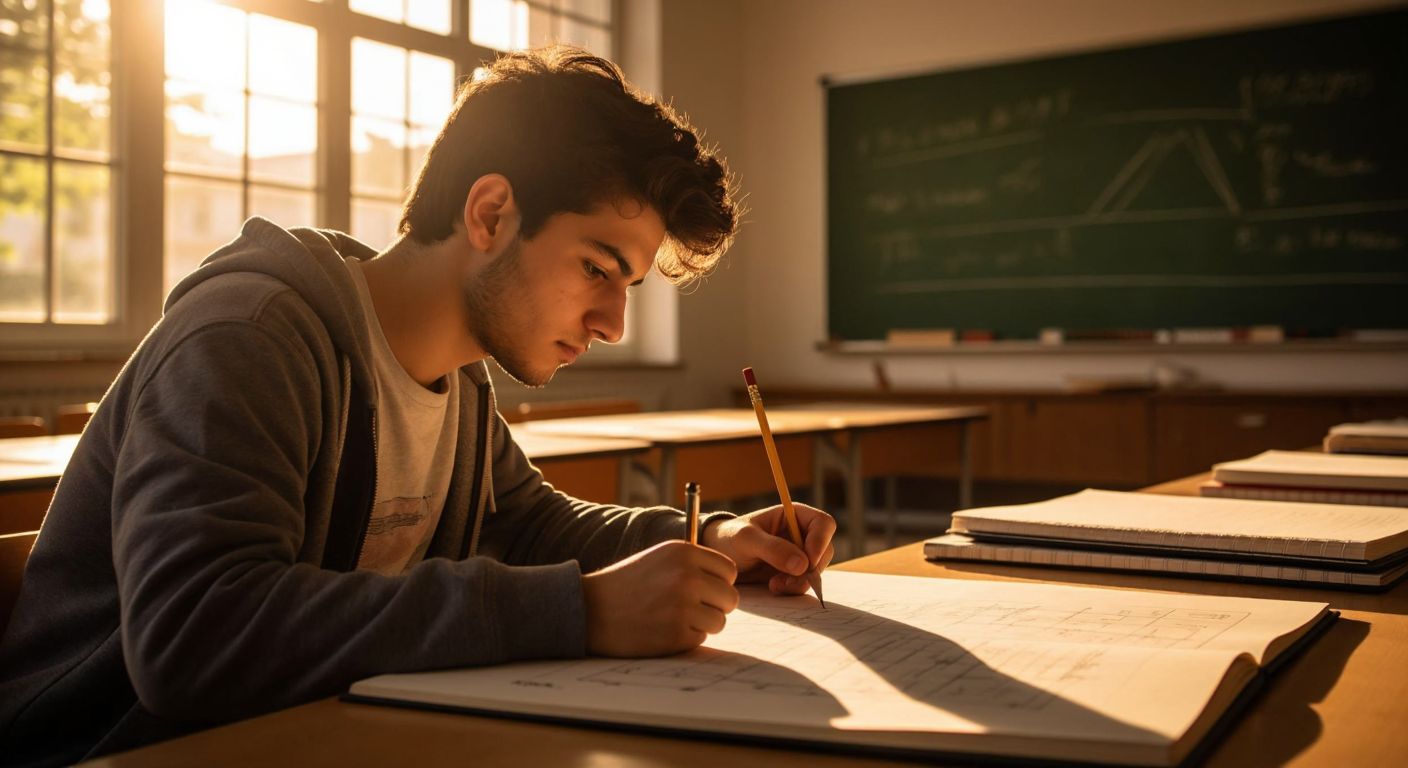 A focused Turkish student in a sunlit classroom sketches a straight line on graph paper with a pencil, surrounded by open notebooks and a ruler, while a teacher points to a chalkboard with geometric diagrams.