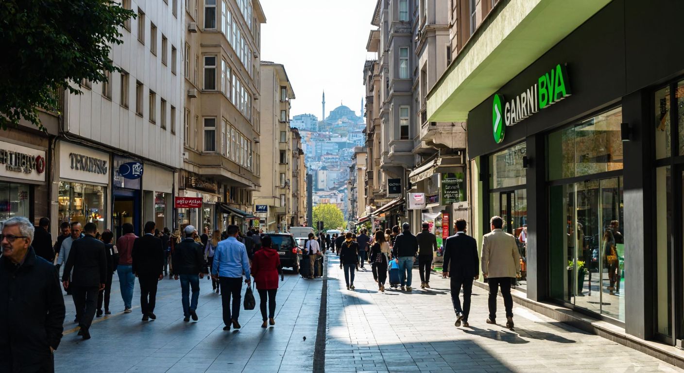 A bustling street in Şişli, Istanbul, with a modern Garanti BBVA bank branch nestled among shops, pedestrians in casual attire walking by, and the distant silhouette of city landmarks under a bright sky.