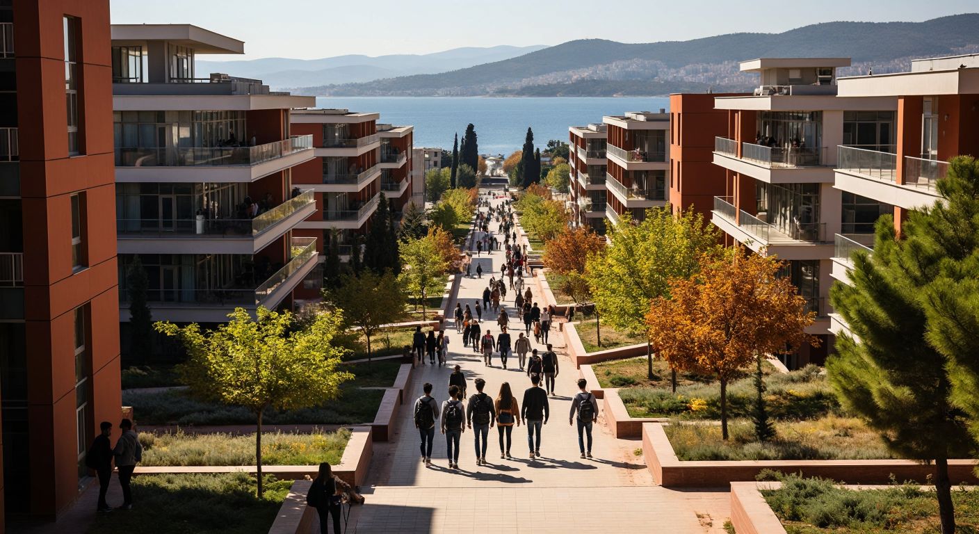 A modern university campus in Izmir with students walking between scattered buildings, some looking inspired while others appear frustrated by uneven pathways, framed by the Aegean Sea in the background.
