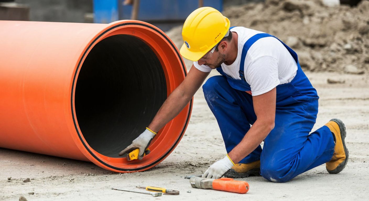 A construction worker in a yellow hard hat and blue overalls kneels beside a large pipe, carefully inserting a bright orange inflatable canal plug into its opening, with tools scattered nearby on a dusty urban worksite.