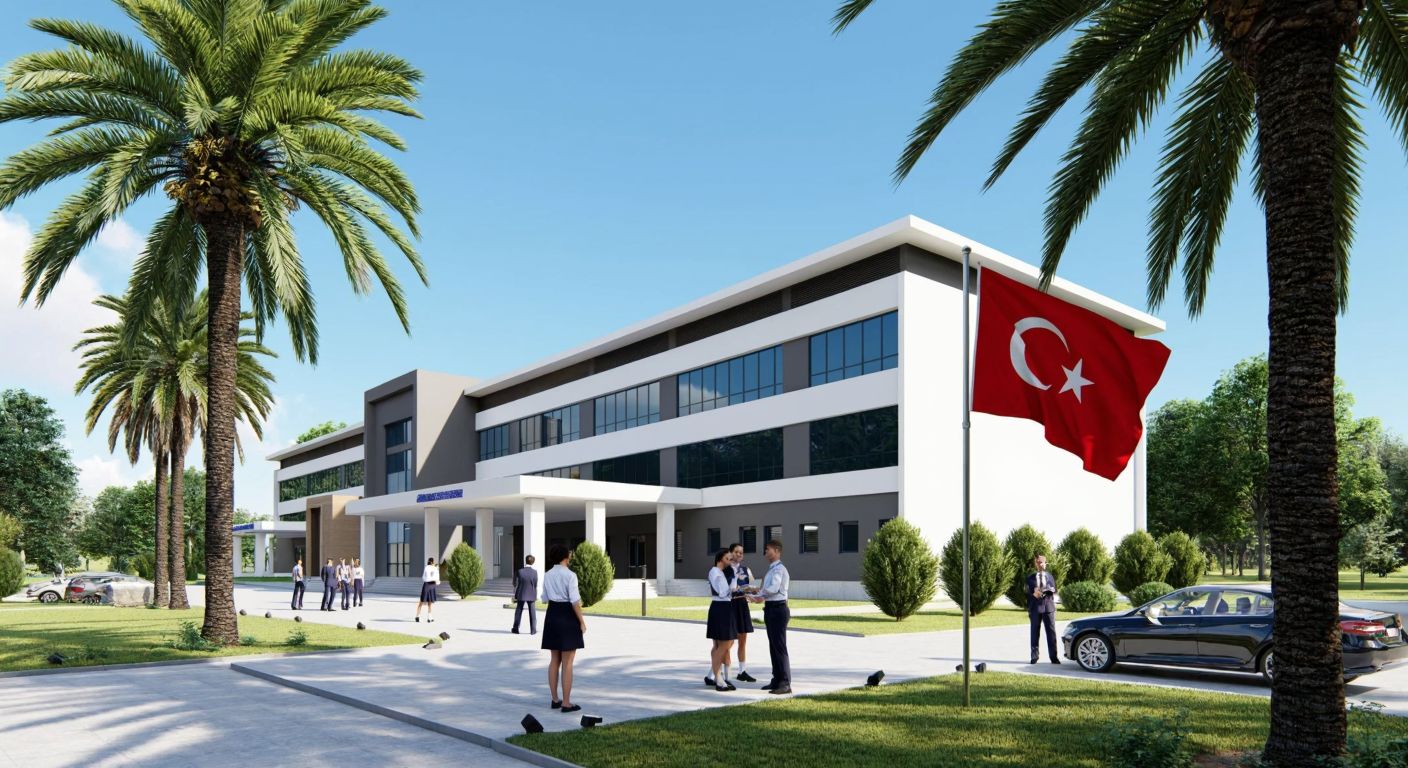 A modern school building in Antalya with a well-maintained courtyard, students in uniforms chatting under palm trees, and a Turkish flag waving gently in the breeze.