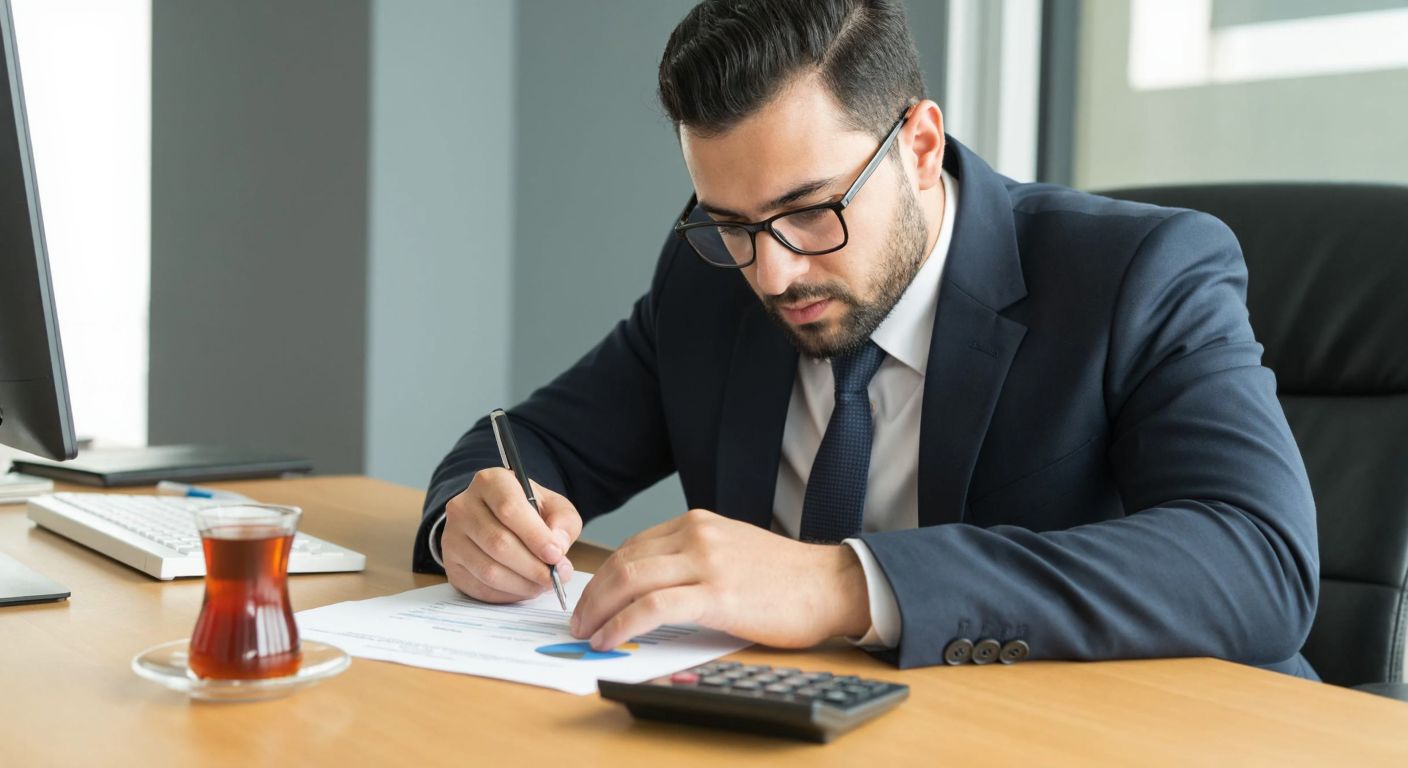 A focused Turkish businessperson in a modern office, wearing glasses and a formal suit, carefully reviewing financial documents on a wooden desk with a calculator and a steaming cup of Turkish tea beside them.