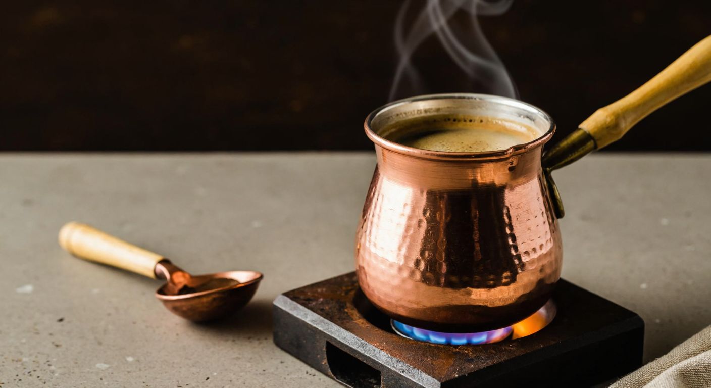 A traditional Turkish copper cezve sits on a low flame, filled with aromatic cardamom-infused coffee, steam rising gently as a wooden spoon rests beside it on a rustic table.