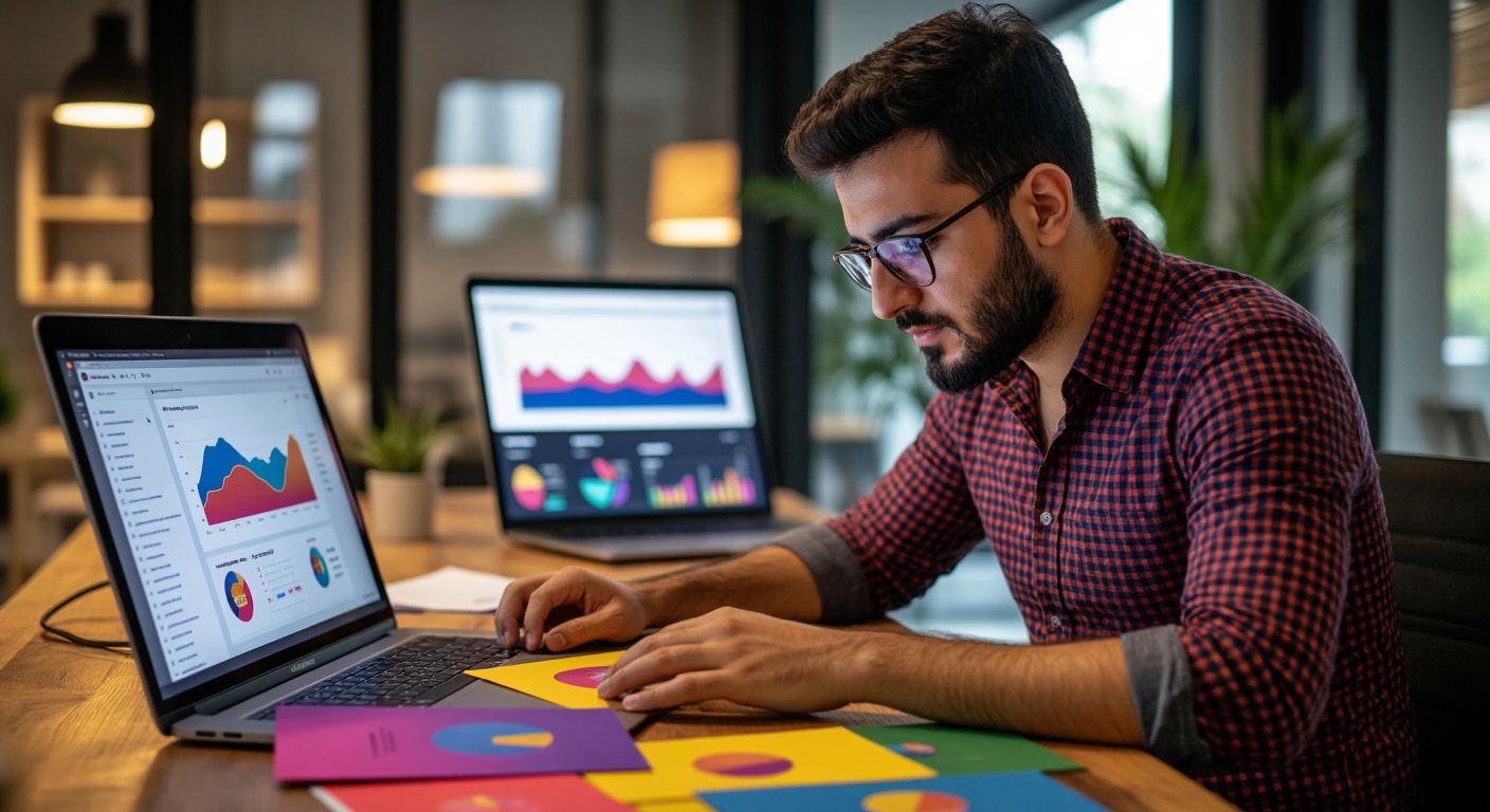A Turkish entrepreneur at a wooden desk, intently arranging colorful website layout mockups with strategic ad placements, while a laptop screen glows with a high-traffic analytics dashboard in the background.