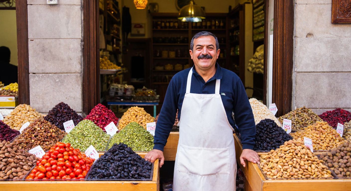 A cheerful middle-aged Turkish man with a mustache, wearing a white apron, stands proudly behind a wooden counter filled with colorful bins of nuts and dried fruits in a bustling Istanbul shop.
