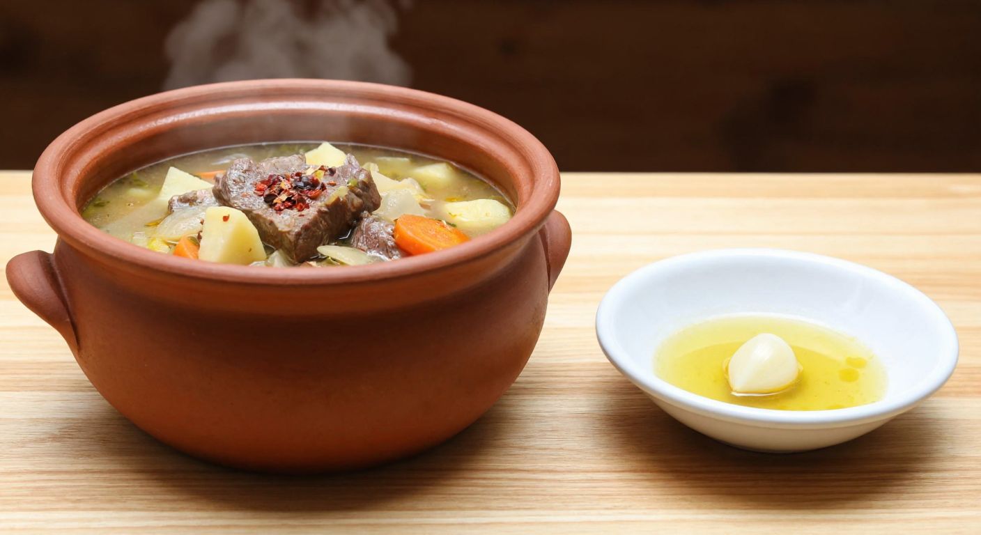 A steaming clay pot of *tuzlama çorbası* sits on a wooden table, filled with tender chunks of dana eti, diced onions, carrots, and potatoes, sprinkled with pul biber, while a small bowl of sarımsaklı sirke rests beside it.