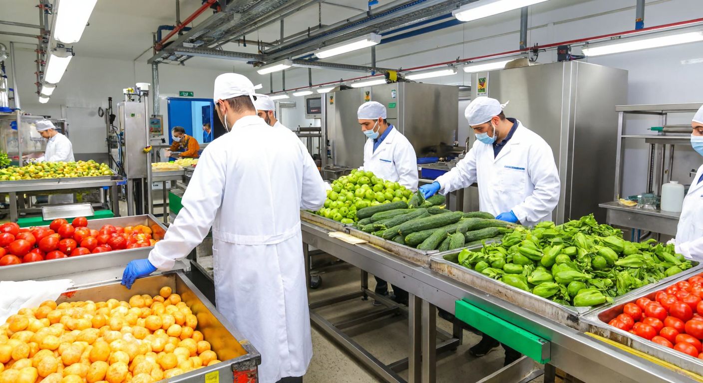 A bustling Turkish food factory with workers in white coats inspecting fresh produce, operating machinery, and conducting lab tests, conveying professionalism and food safety.