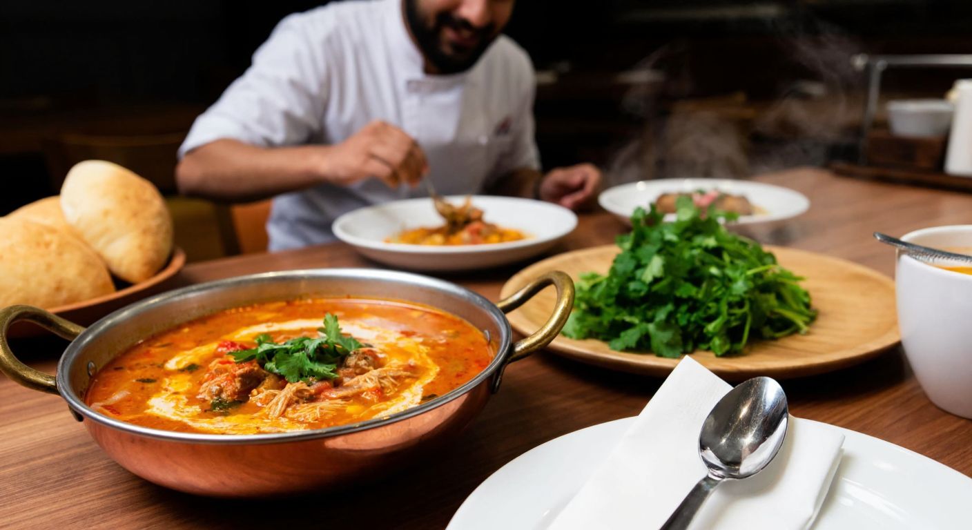 A cozy Turkish diner with a steaming bowl of beyran çorbası on a wooden table, surrounded by warm bread and fresh herbs, while a smiling chef in a white apron prepares another dish in the background.