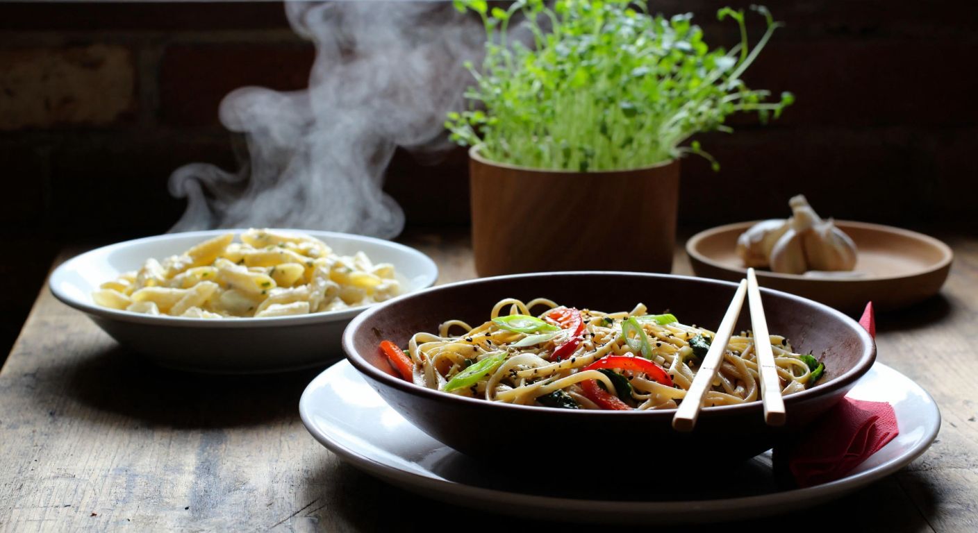 A rustic wooden table in a Turkish kitchen holds a steaming plate of yogurt-covered pasta with garlic and melted butter beside a bowl of stir-fried Asian noodles with colorful vegetables and chopsticks.