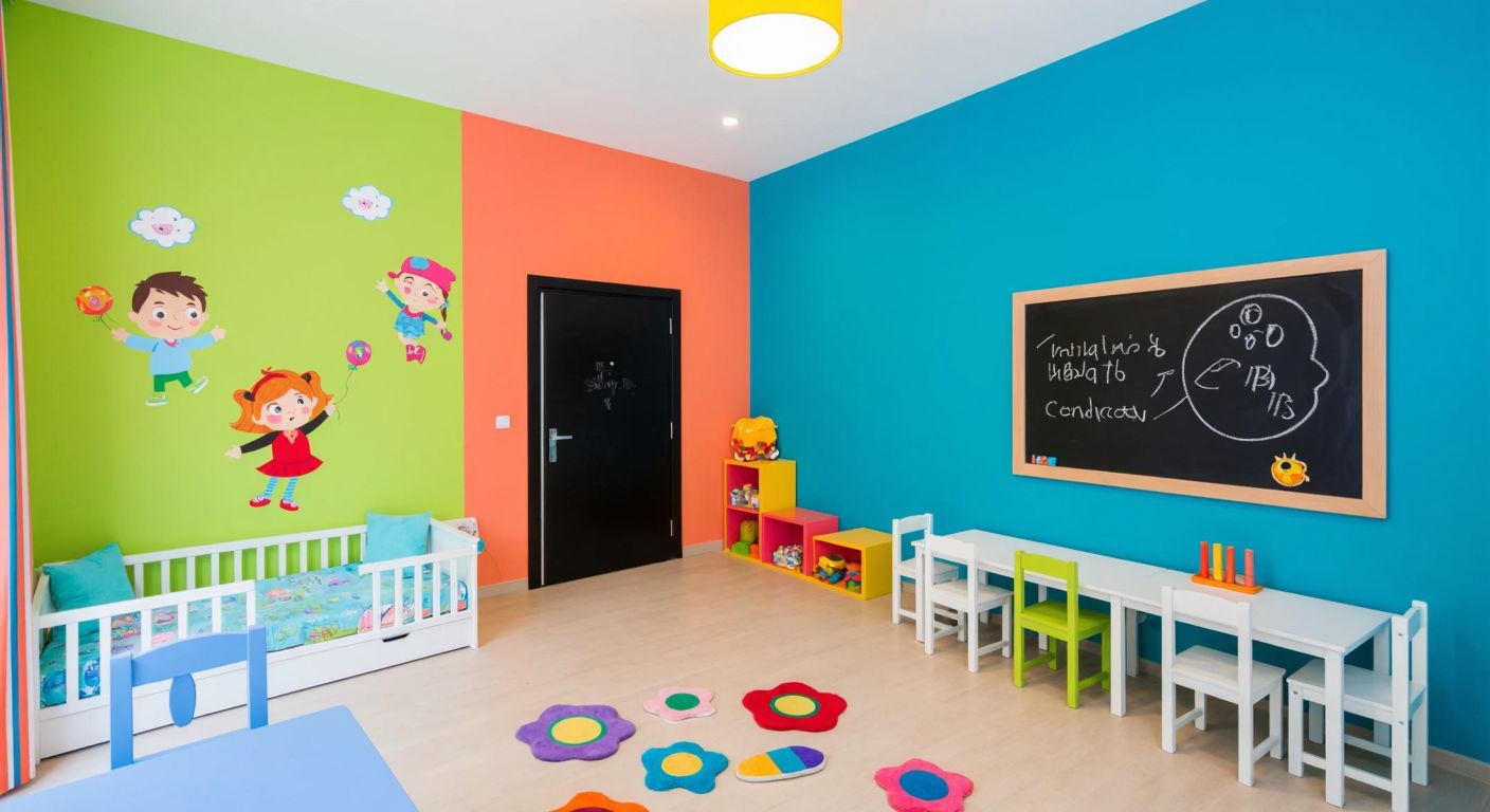 A vibrant children's playroom in Turkey with walls painted in bright, cheerful colors, adorned with playful cartoon character stickers and a chalkboard section for creative drawing.