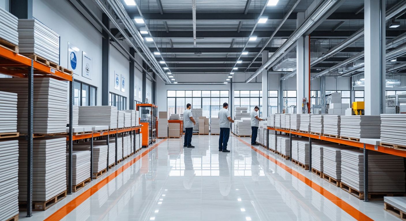 A sleek, modern Turkish ceramic tile factory with workers in clean uniforms inspecting glossy tiles under bright lights, surrounded by stacks of pristine ceramic samples and framed ISO/TSE certificates on the walls.