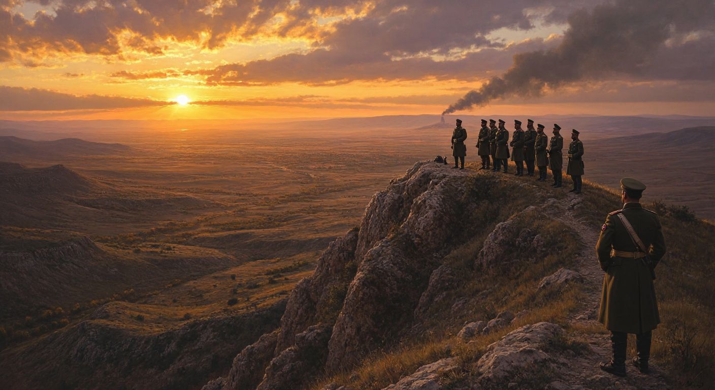 A rugged hilltop at dawn, with Mustafa Kemal and his commanders standing solemnly in military attire, overlooking a vast Anatolian landscape under a golden sunrise, symbolizing the strategic launch of the Great Offensive.