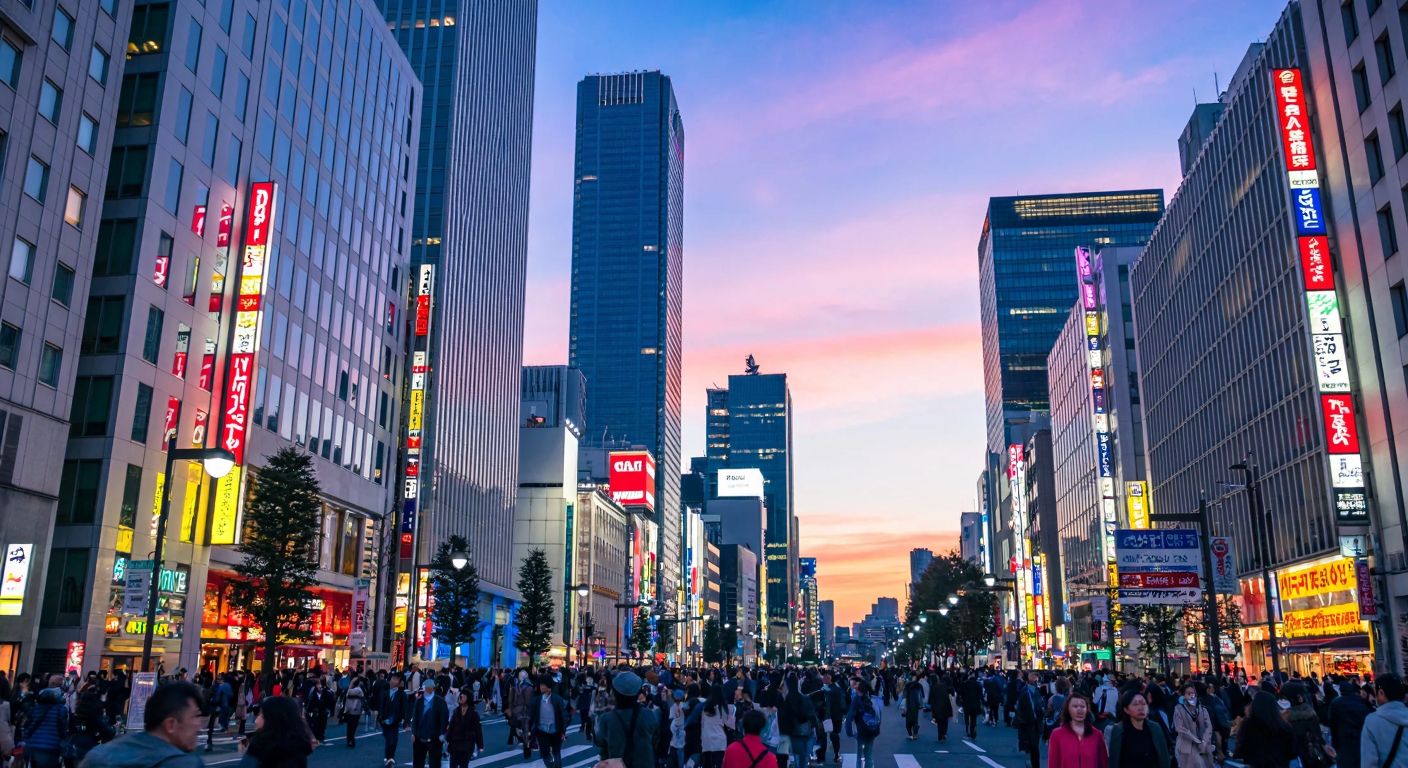 A bustling Tokyo skyline with towering skyscrapers, neon-lit streets, and a dense crowd of diverse people, reflecting its status as a vibrant economic and cultural hub.