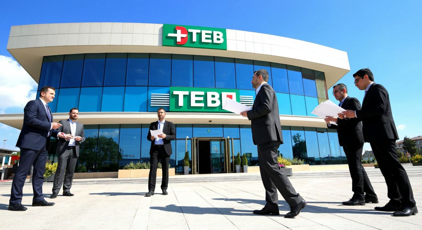 A modern Turkish bank building with the TEB logo on its facade, surrounded by businessmen in suits exchanging documents, under a bright blue sky.