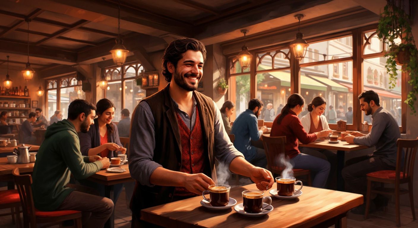A cozy Turkish café with warm lighting, wooden tables, and steaming cups of Turkish coffee, where a smiling owner serves pastries to a diverse group of happy customers.