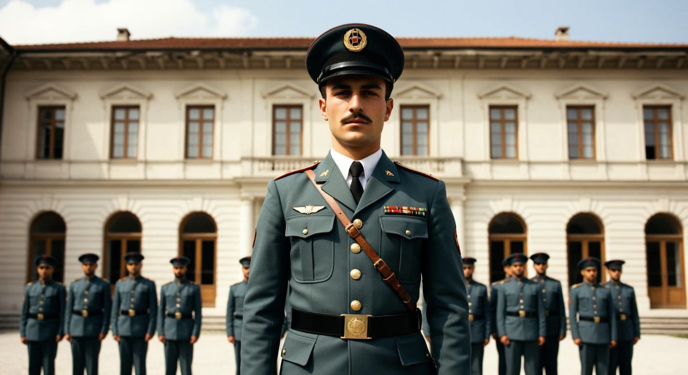 A young Mustafa Kemal in a military cadet uniform standing proudly in front of a grand Ottoman-era school building with arched windows and a red-tiled roof, surrounded by fellow cadets in similar attire.