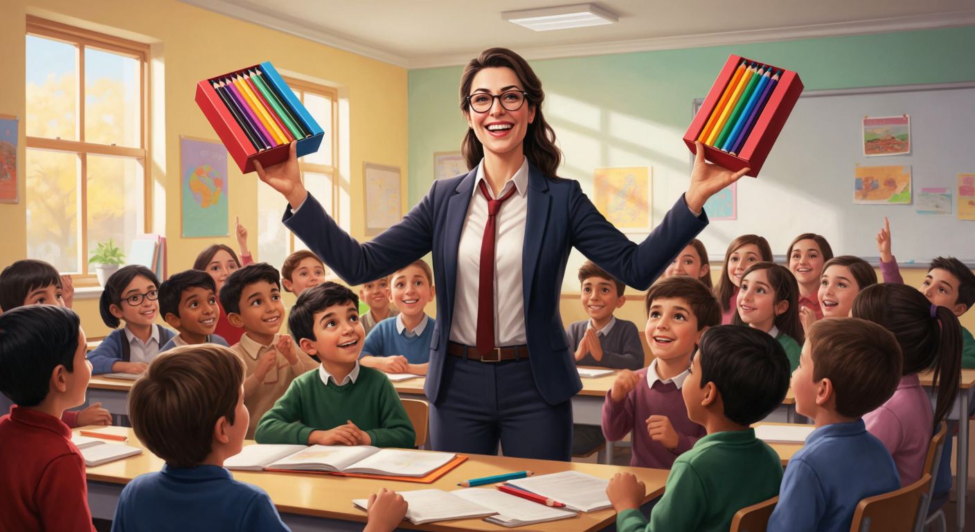 A cheerful Turkish teacher in a bright classroom holds up three colorful boxes, each containing six pencils, while a group of curious third-grade students count them together with excitement.