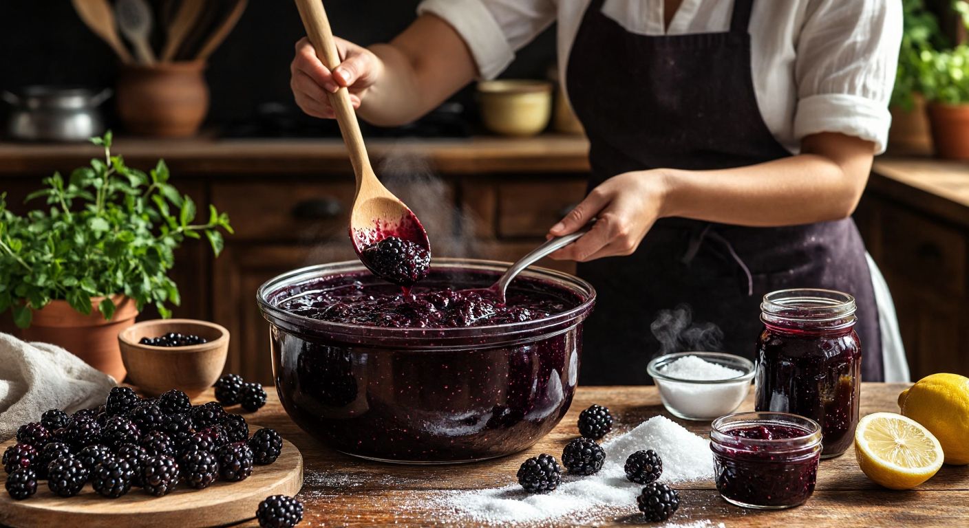 A sunlit Turkish kitchen with a wooden spoon stirring a bubbling pot of deep-purple blackberry jam, surrounded by fresh blackberries, sugar, and a lemon half, while a smiling woman in an apron carefully pours the jam into a glass jar.