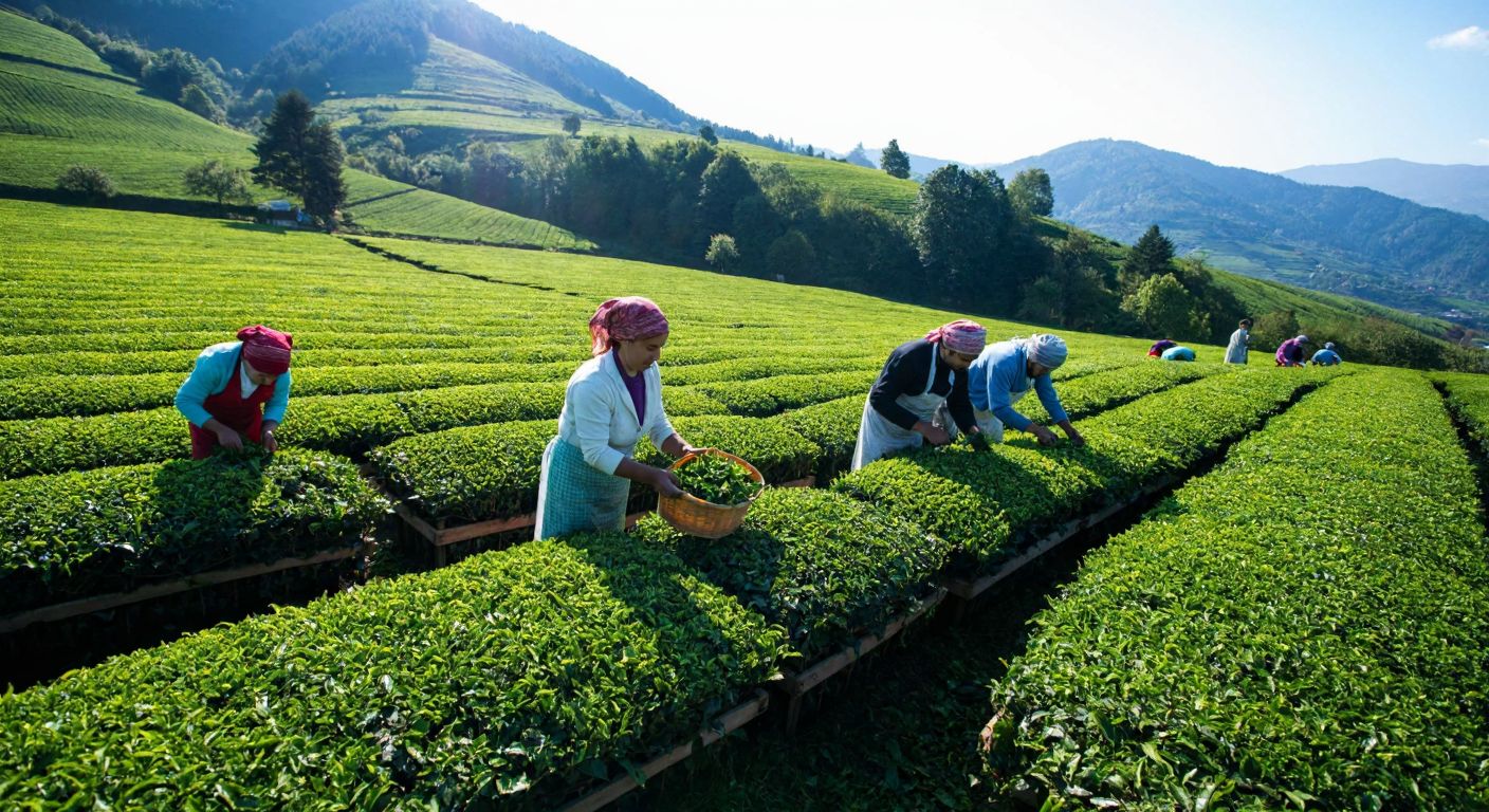 A lush green tea plantation in Eynesil, Giresun, with workers in traditional Turkish attire carefully harvesting fresh tea leaves under a bright sun, surrounded by rolling hills and wooden crates filled with vibrant green tea.
