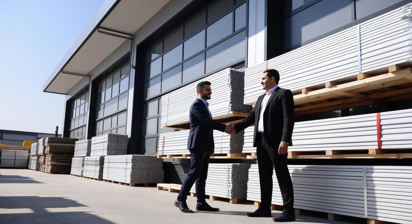 A modern industrial building in Istanbul’s Başakşehir district, with neatly stacked PVC and aluminum profiles, workers assembling window hardware, and two businessmen in formal attire shaking hands against a backdrop of construction materials.