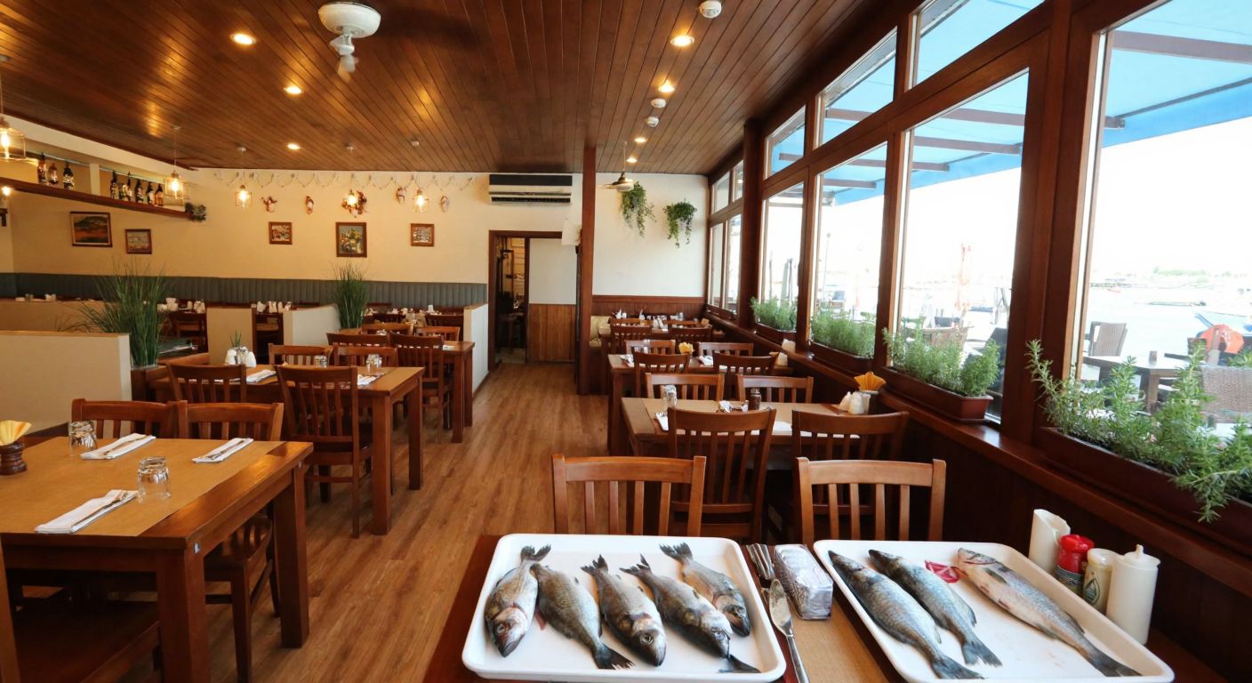 A cozy Turkish seafood restaurant with wooden tables, fresh fish on display, and a warm, inviting atmosphere where patrons enjoy meals without alcoholic beverages.