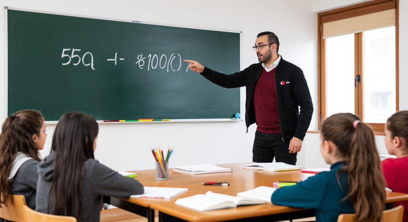 A Turkish teacher in a classroom points to a chalkboard with a simple equation (e.g., "50 × 20 ÷ 100") while students watch attentively, surrounded by notebooks and pencils.  

*(Note: The equation is implied by gesture/context, not written text.)*