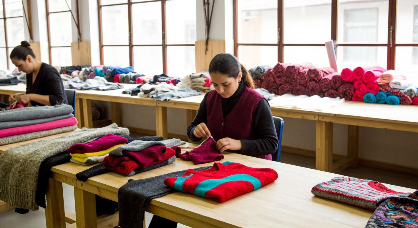 A vibrant textile workshop in Turkey, with skilled artisans knitting colorful sweaters on wooden tables, surrounded by neatly stacked rolls of fabric and modern fashion sketches.