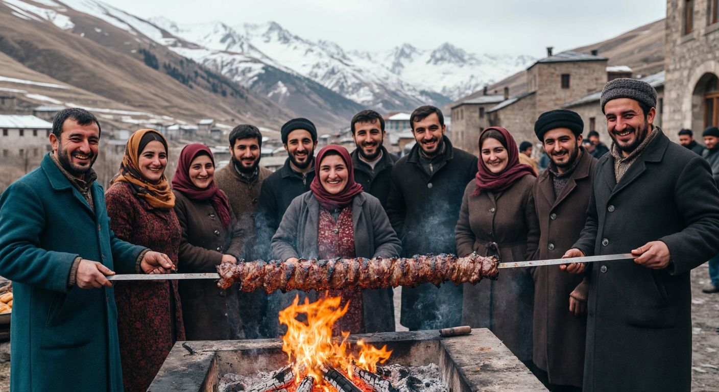 A group of smiling people in traditional Erzurum attire gather around a horizontal skewer of sizzling **cağ kebabı** over glowing embers, with snow-capped mountains and historic stone buildings in the background.