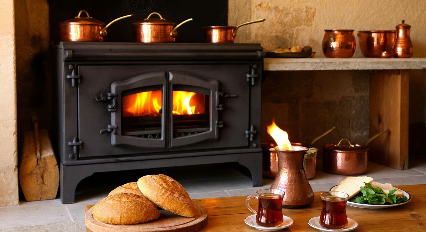 A rustic Turkish kitchen with a cast-iron kuzine stove glowing warmly, surrounded by copper pots and a wooden table with fresh bread and tea.